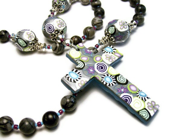 Anglican Protestant Prayer Beads Rosary Polymer Clay Canework Handmade Cross Black Silkstone Unisex Everything Else Religious