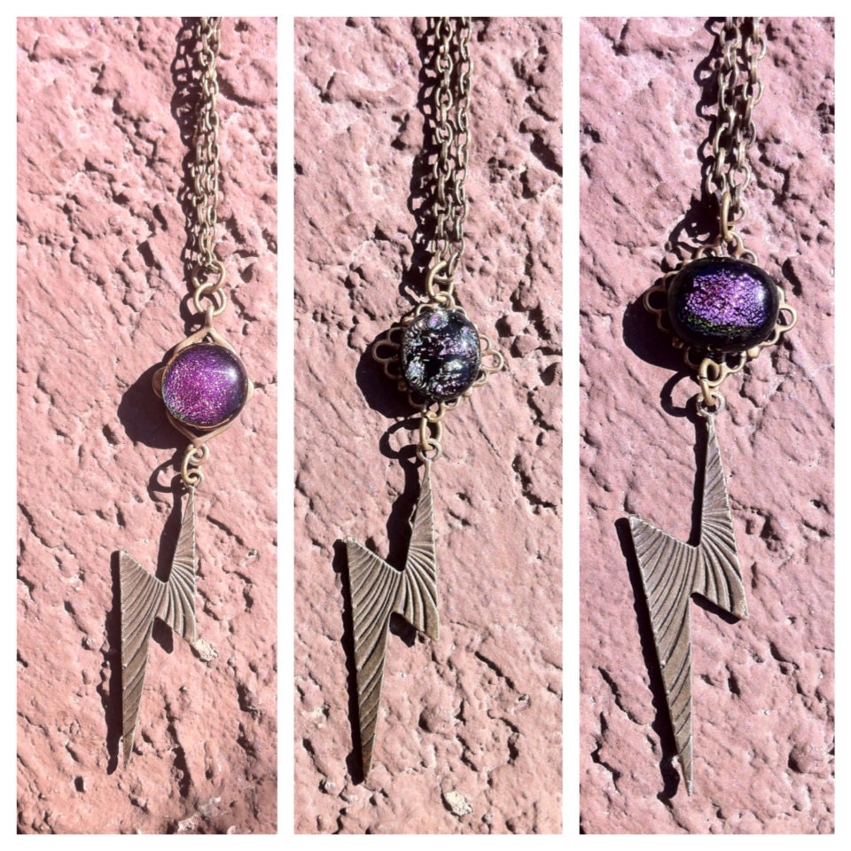 18" Hot Pink Dichroic glass Lightning Bolt Necklace