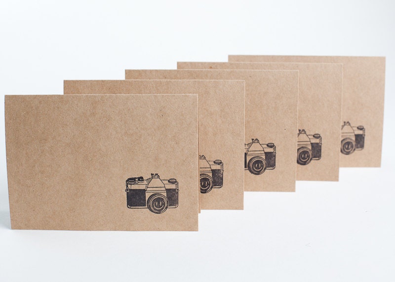 Hand Stamped Note Cards- Camera- Photography- Set of 5