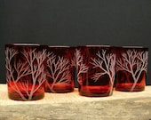 READY TO SHIP Four Red Candle Holders Colored Glass 'Reaching Branches' Hand Engraved Valentines Gift