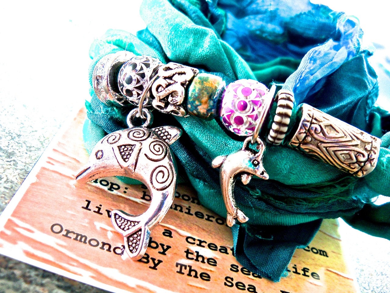 Dolphins in the Blue Ocean - Beachy Boho Bracelet, Beach, Blue, Turquoise, Aqua, Silk Wrap