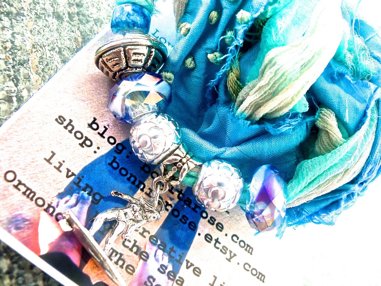 SURFER GIRL - Beachy Boho Bracelet, Blue, Grey, Turquoise Silk Wrap