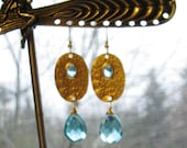 Inca Princess Earrings - Large Swiss Blue Quartz Briolettes, Handcrafted Textured 18k Matte Gold Discs, on 14k Gold Filled - SALE