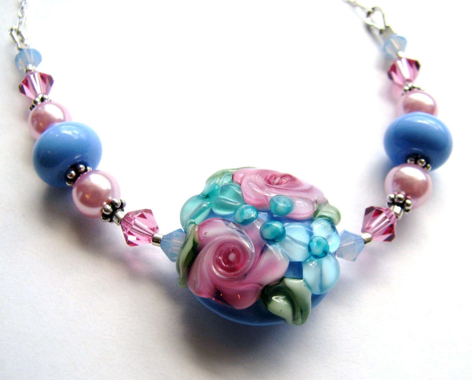 Mother's Day Necklace, Pink, Aqua, Periwinkle Blue - SRA Artisan Sculptured Lampwork Glass Flower, Swarovski Elements, Sterling Silver