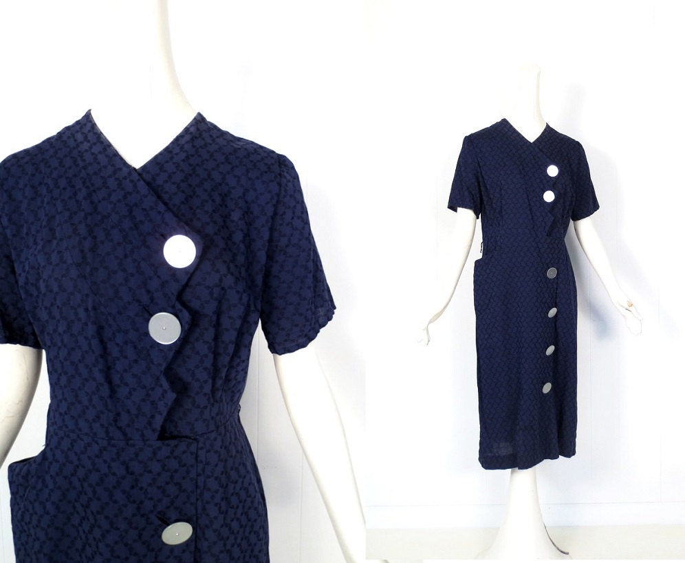 Vintage 40s Dress / 1940s Dress / Navy Blue Dress / Zig Zag / Big Buttons / Large L