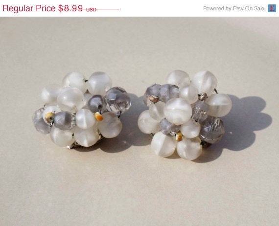 Summer Sale Vintage West Germany White and Gray Clip on Earrings