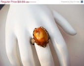 On Sale Vintage Adjustable Gold Toned Ring with Brown Swirl Cabochon