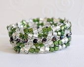 Double Herringbone Crystal Bracelet in Fern Green Silver with Black Crystals