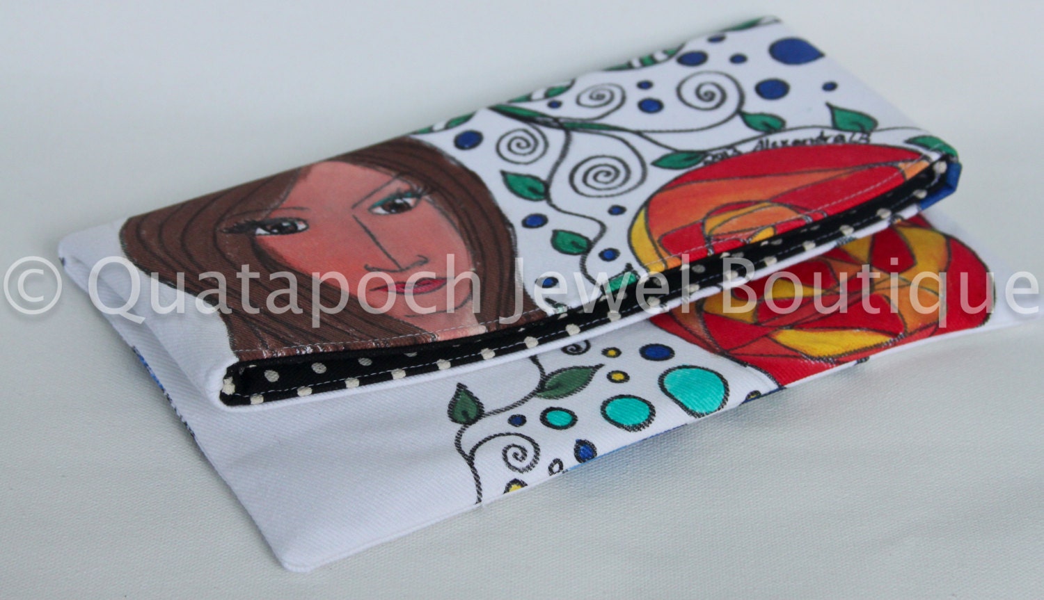 OOAK artsy clutch with original artwork, chic bag, purse, floral abstract with tangles, unique gift