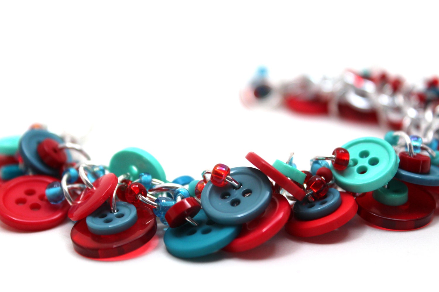 Button Charm Bracelet - Turquoise Blue Red by randomcreative on Etsy
