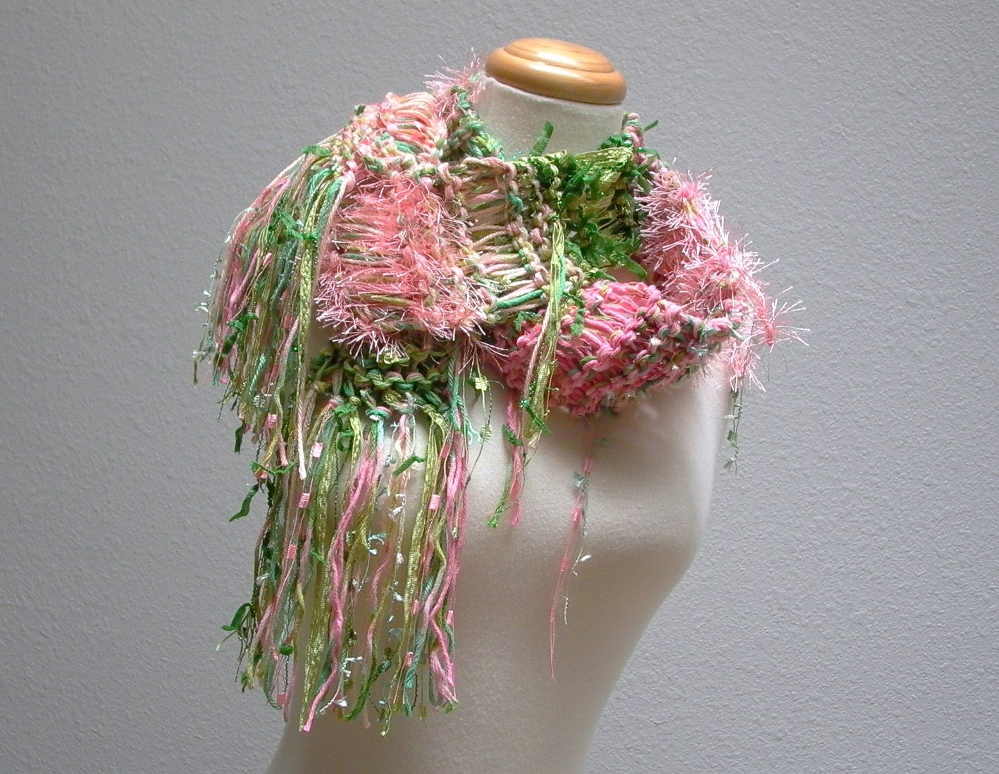 coral gables. knitted art yarn scarf . vegan friendly knitwear spring fashion accessories . coral salmon peach mint grass fern green