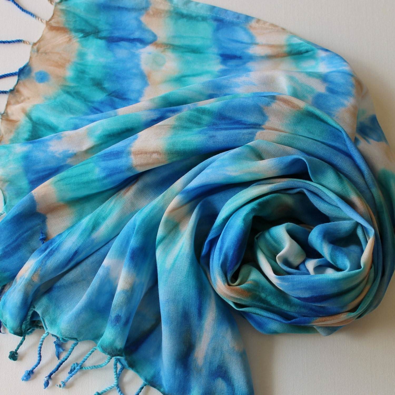 Fringed Scarf - Hand Painted Rayon Ladies Scarves Fringe Blue Turquoise Aqua Tan White Sapphire Beach