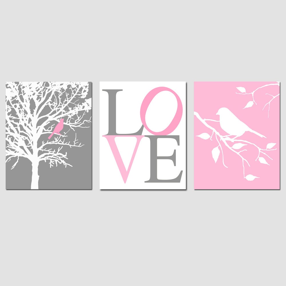 Modern Bird LOVE Trio - Set of Three 11x14 Prints - Nursery Wall Art - Choose Your Colors - Shown in Gray, Pink, and More