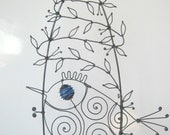 Wire Bird Cage Sculpture With A Bird And Leaves