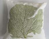 olive green coral  pillow 18 inch sea themed, coastal inspired pillow