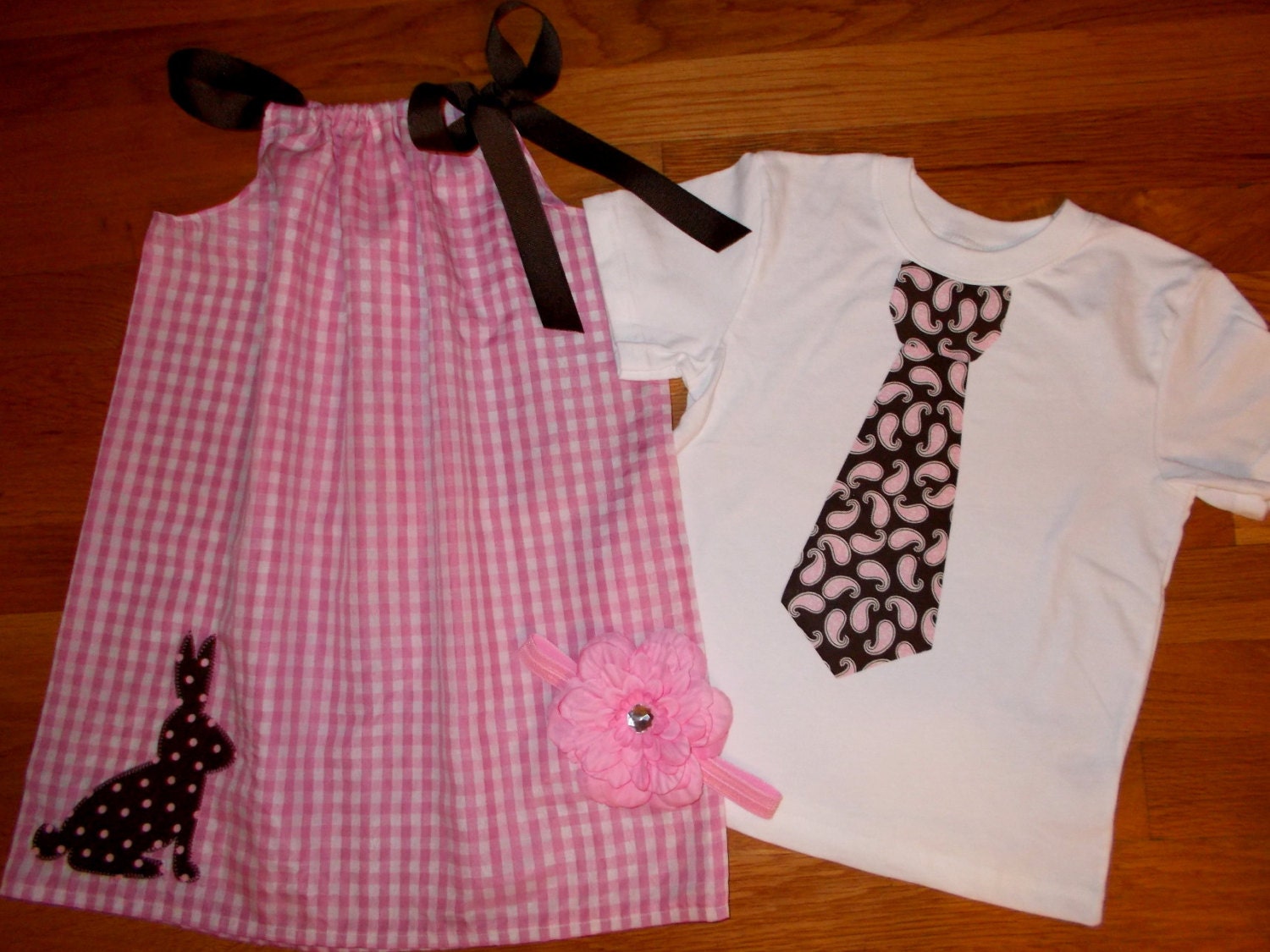 Easter Bunny Applique Pillowcase Dress & Matching Brother Necktie Tee ANY SIZE 12m 18m 24m 2t 3t 4t 5 6 7 8 9 10