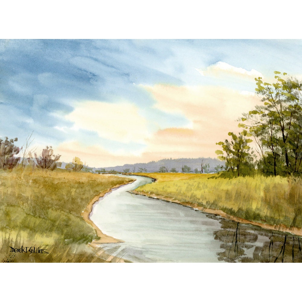 Tree painting original Watercolor  Landscape painting river creek stream trees sunset  realism art 5x7 on paper