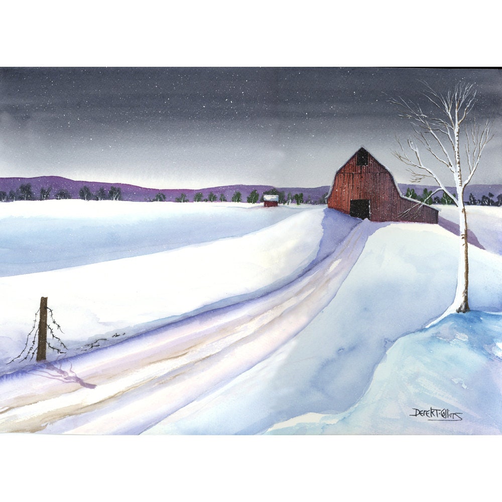 Barn painting Watercolor landscape painting ORIGINAL tree winter snow storm snowing at red gray blue10x14