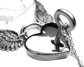 Angel Wing Necklace Set. Winged Heart Lock Necklace. Couples Silver Heart Skeleton Key Boyfriend Girlfriend Lovers Padlock Necklace Set