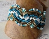 Teal and Khaki Beaded Macrame Bracelet MicroMacrame Waves