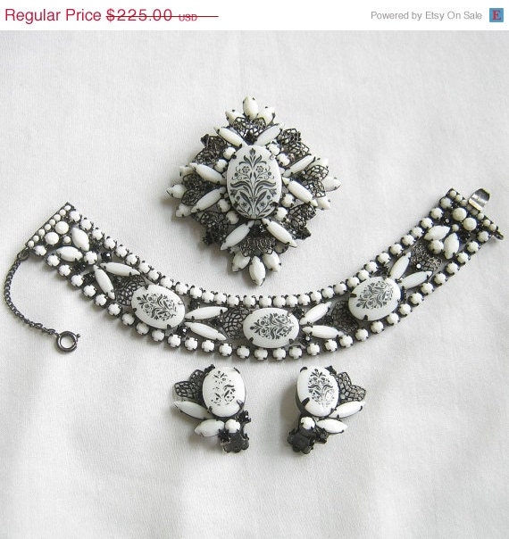 RESERVED for ivy smith Vintage JULIANA White Milk Glass with Black Floral Transfer and Black Rhinestones Bracelet, Brooch and Earrings