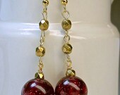 Vintage Japanese Cherry Red Gold Glitter Lucite Bead Earrings, German Faceted Gold Glass