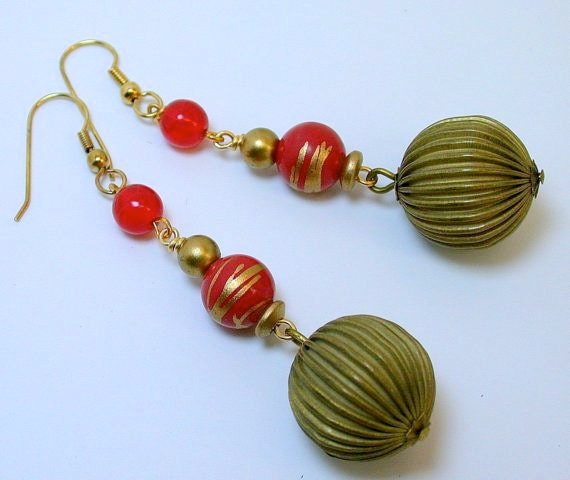 Vintage Red Gold Japanese Lucite Splatter Bead Dangle Earrings ,Brass, German Glass