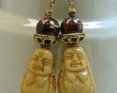 Vintage Carved Bone Buddha Bead Earrings, Brecciated Jasper