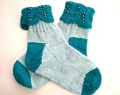 Hand Knit  Socks - Women's Two Tone Turquoise & Aqua Socks with Beads
