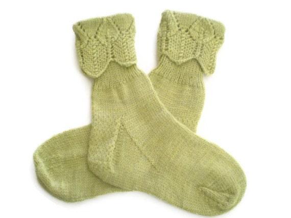 Socks - Hand Knit Women's Green Tea Socks with Lace Cuff