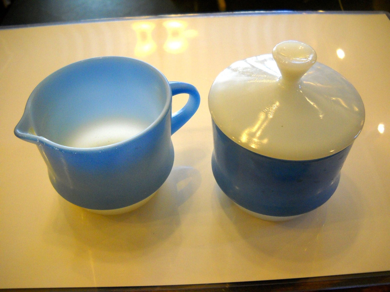 Anchor Hocking Fire King Blue Mosaic Cream and Sugar