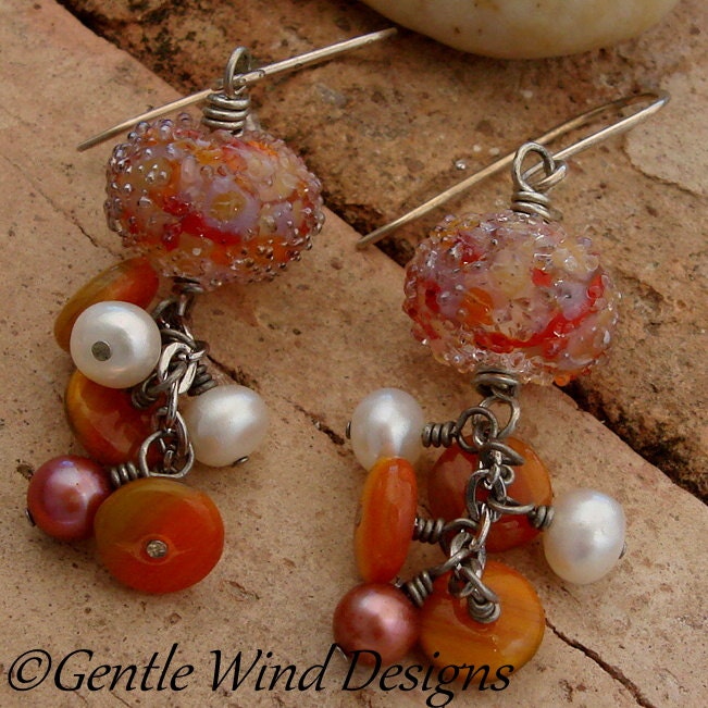 ORANGE POP - Handmade Lampwork Sparkle Beads, Freshwater Pearls, Czech Glass