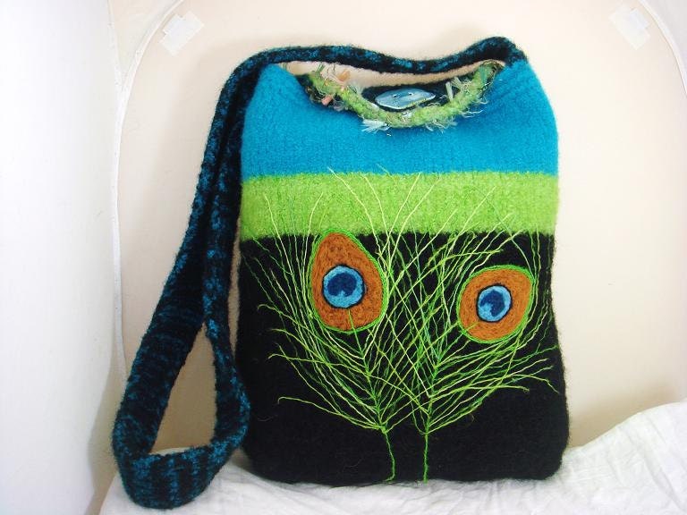 Felted Purse Tote Peacock Feathers