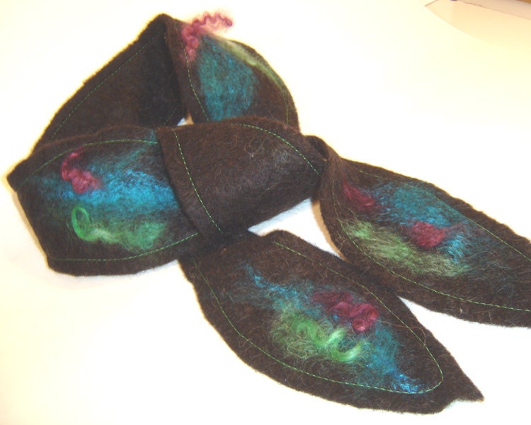 Felt Scarf ..Fineuse The Peacock hand felted in Black with Purple and Blue Locks contemporary Design, Alpaca , wool,
