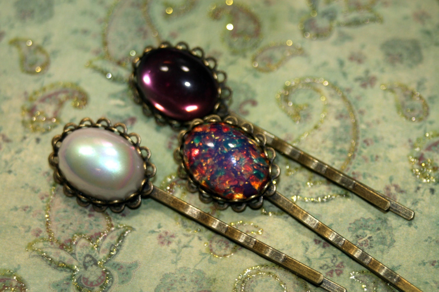 Vintage Jewel Trio Fire Opal Pearl Purple Glass Cabochon Heirloom Weddings Brides Bridesmaids Gifts