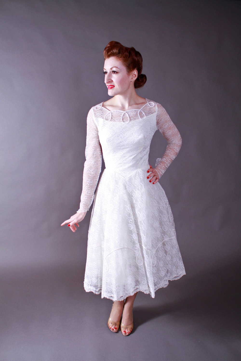 Vintage 1950s Wedding Dress -  Party Length Lace Cupcake Princess Wedding Dress