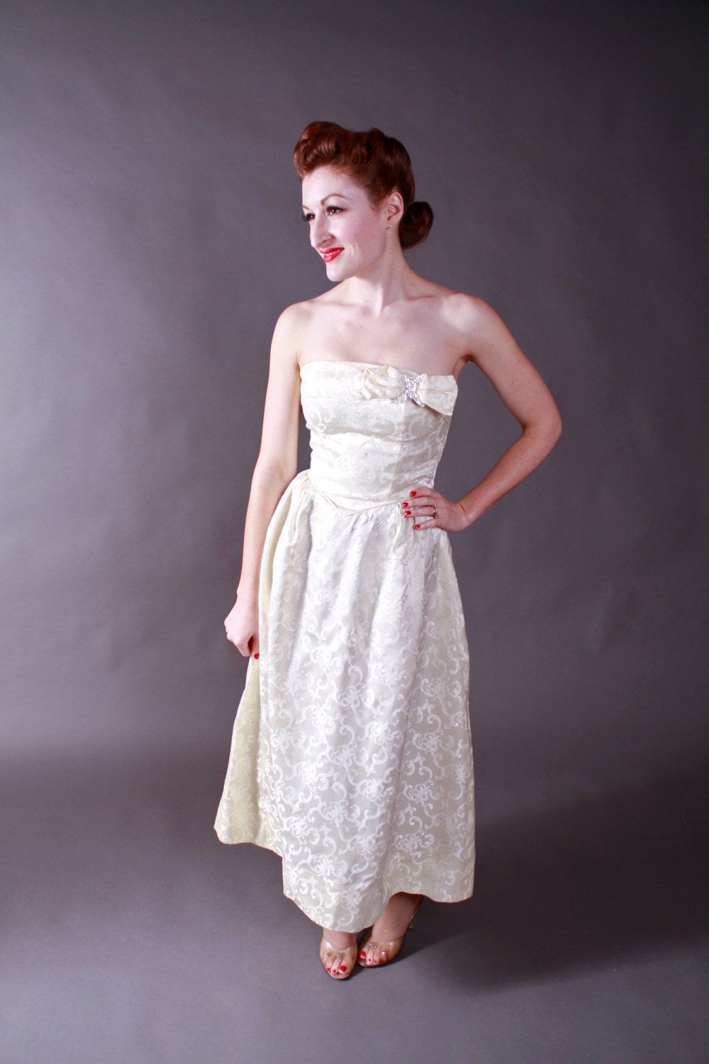 Vintage 1960s Wedding Gown - Strapless Brocade Evening Wedding Dress