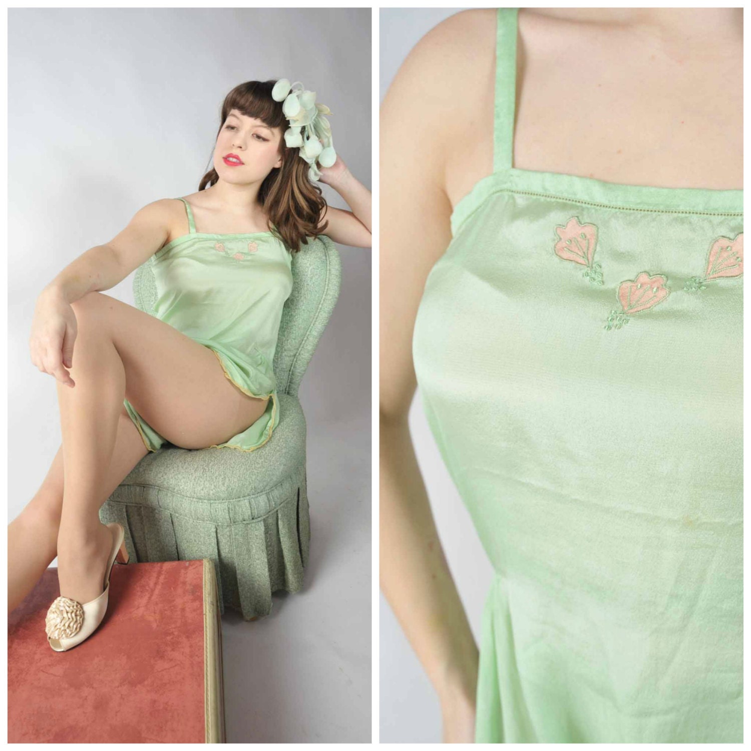 Vintage 1920s Chemise - Green Silk Step In with Pink Appliques
