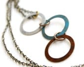 Rustic Patinaed Textured Brass Hoops - Necklace - Geometric Three Rings Jewellery White Blue Brown