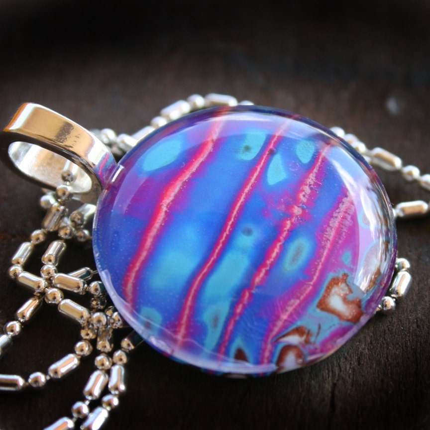 Blue Horizon Polymer Clay Pendant under Glass Dome on Silver  Ball Chain - Teen Jewelry - Neon - Purple and Blue