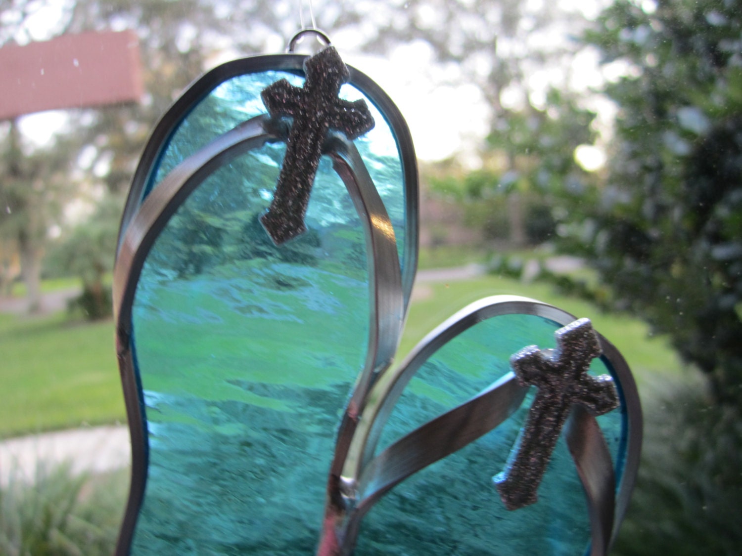 Silver Glitter Cross Flipflop Suncatcher