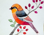Colorful Bird / Berries / Woodland /Print from Original watercolor painting / wall art/ room decor / bird art/ orange /red