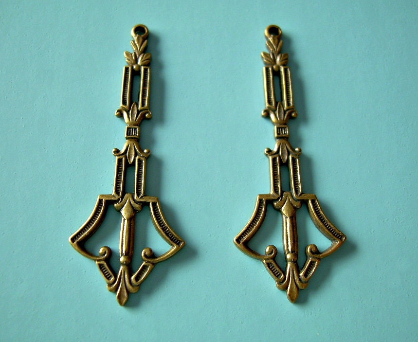 2 Art Deco Vintage Brass Ox Connectors Drops Findings