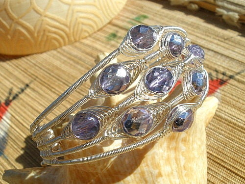 Purple silver wire wrapped bracelet glass cuff wire woven bangle handmade
