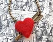Felted red heart Cupid arrow necklace Valentine jewelry bronze tone chain charm pendant Weddings Birthday gift for her love