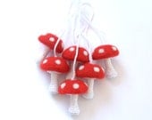 Alice in Wonderland mushroom garland 6 medium felted toadstools red white dots Weddings eco friendly woodland Birthday party decor nursery