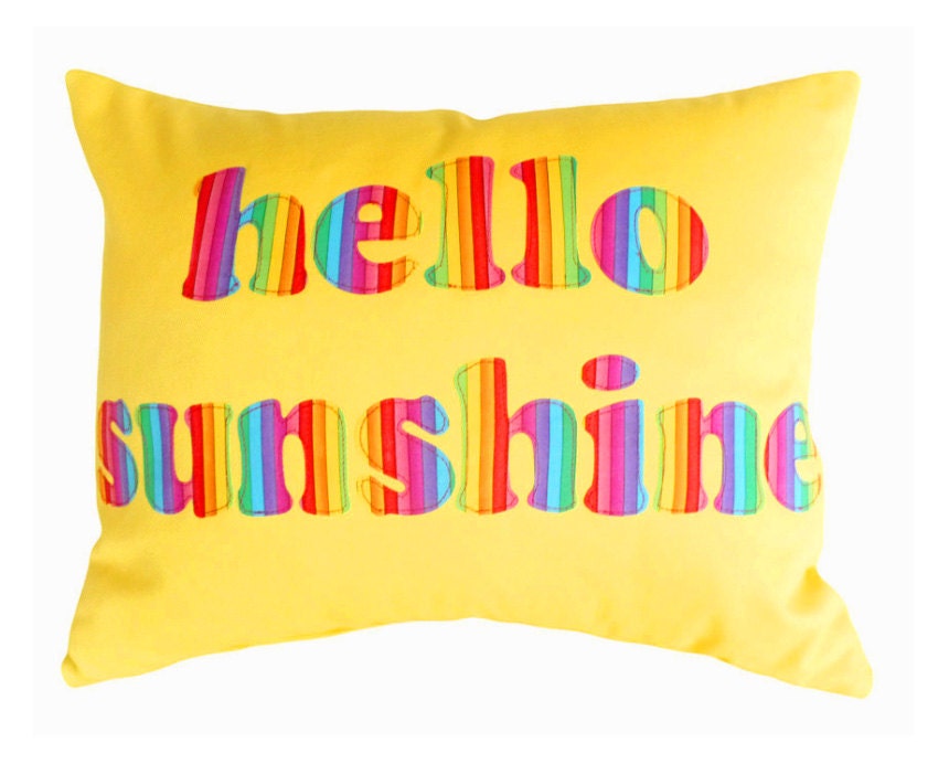 HELLO SUNSHINE, Colorful Word Pillow, Yellow Cushion Cover, Appliqued Text, Rainbow, Dorm Decor, Kids, Babies, Girls, Fun Gift 16x20