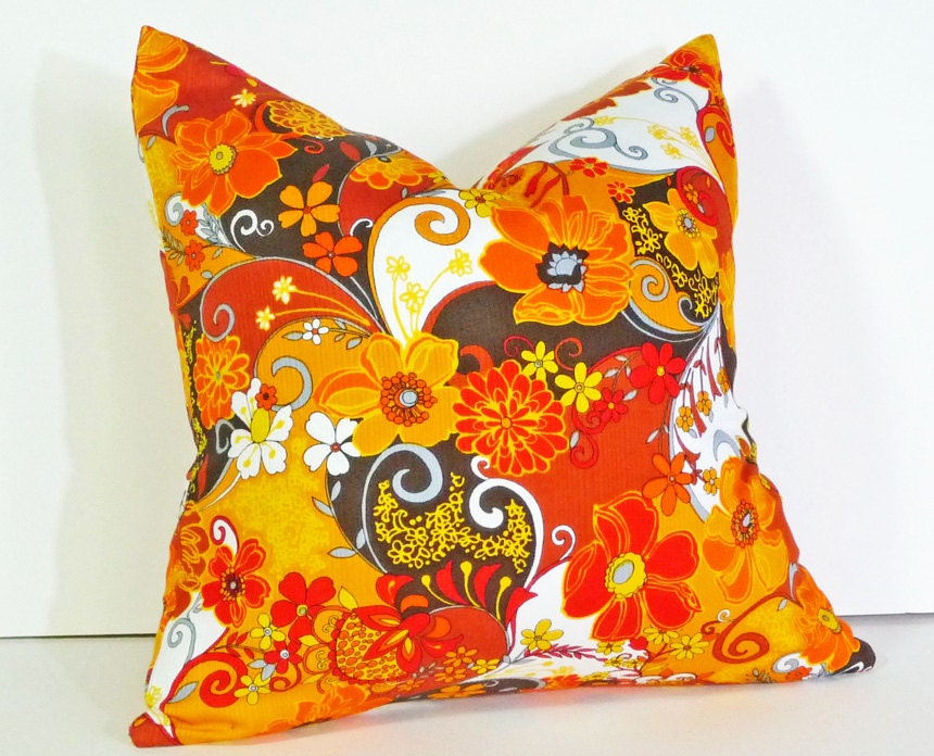 Retro Pillows, Bright Colors, Colorful, 70s Style, Floral Decorative Pillow Covers, Orange Red Yellow, NEW Cushions for Spring Decor 18x18