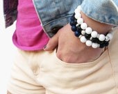 Nautical Jade Onyx Bead Bracelet Set in Sterling Silver / Navy Black White Bracelets / night sea rain ocean sail inspired / color block