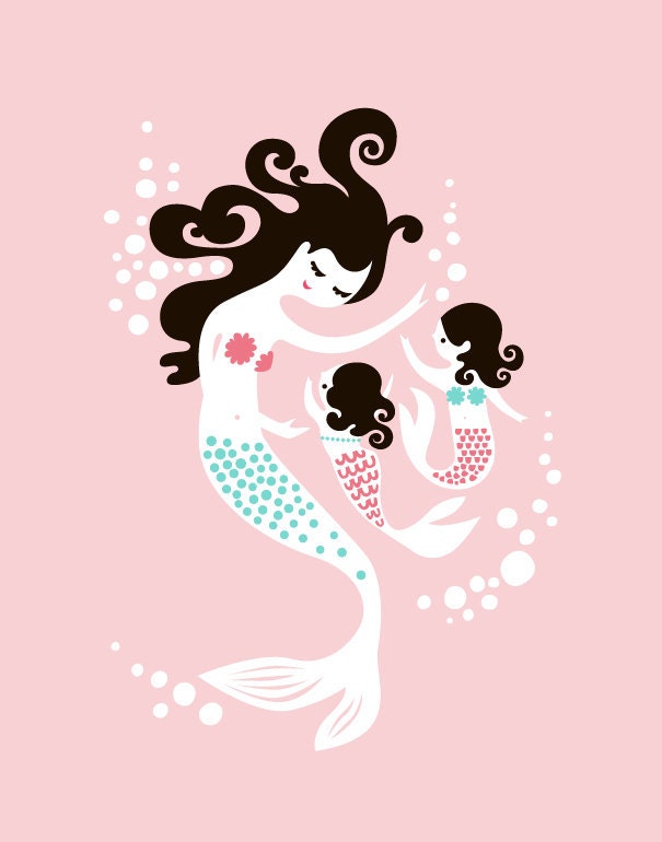 mermaid mother & twin daughters giclee art print on fine art paper. light pink, blue, black hair.